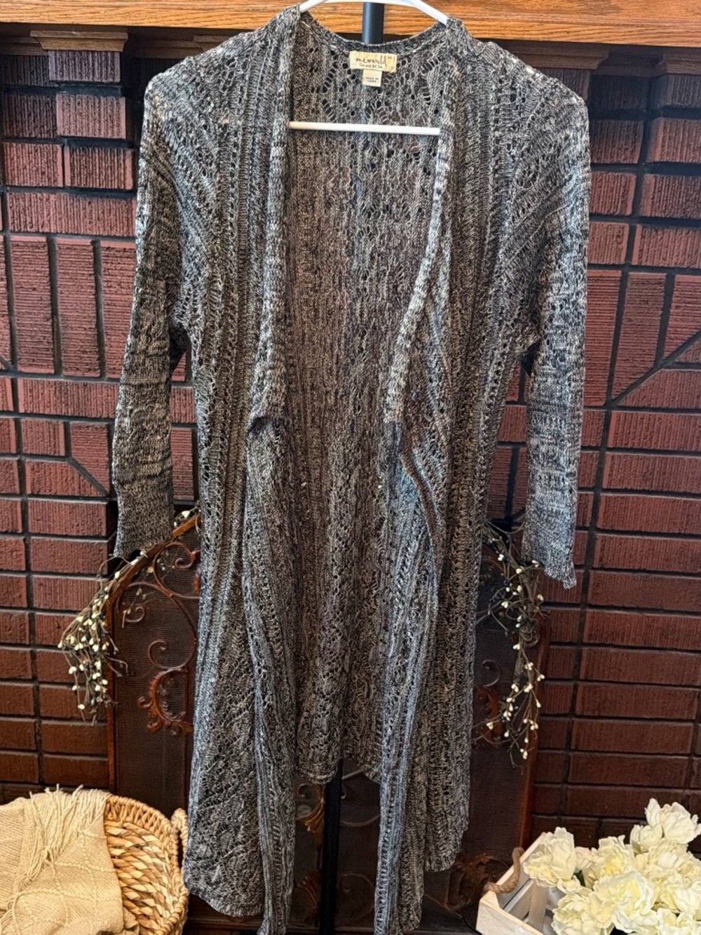 ONE WORLD Heathered Gray Open-Front Long Crochet Cardigan